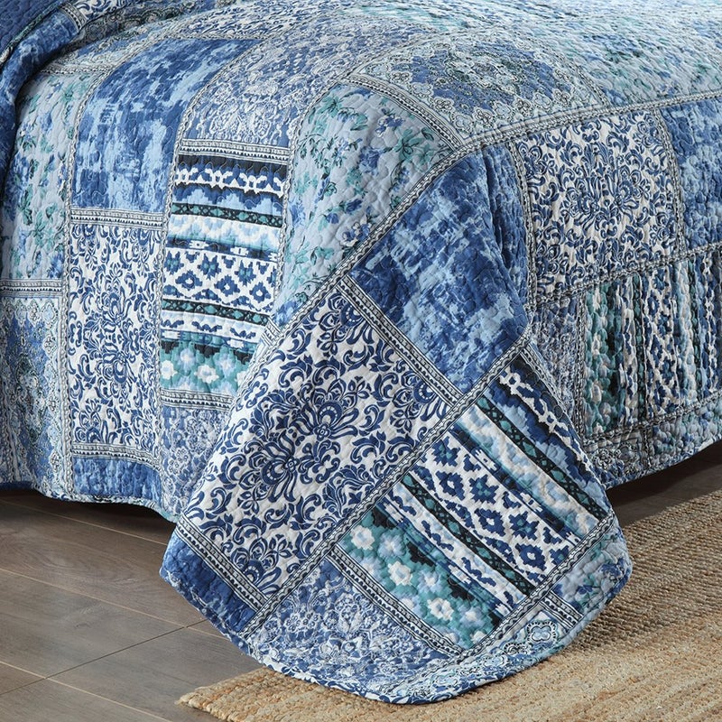 NEWLAKE Cotton Bedspread Quilt Sets-Reversible Patchwork Coverlet Set, Blue Classic Bohemian Pattern,Twin Size - Image 4